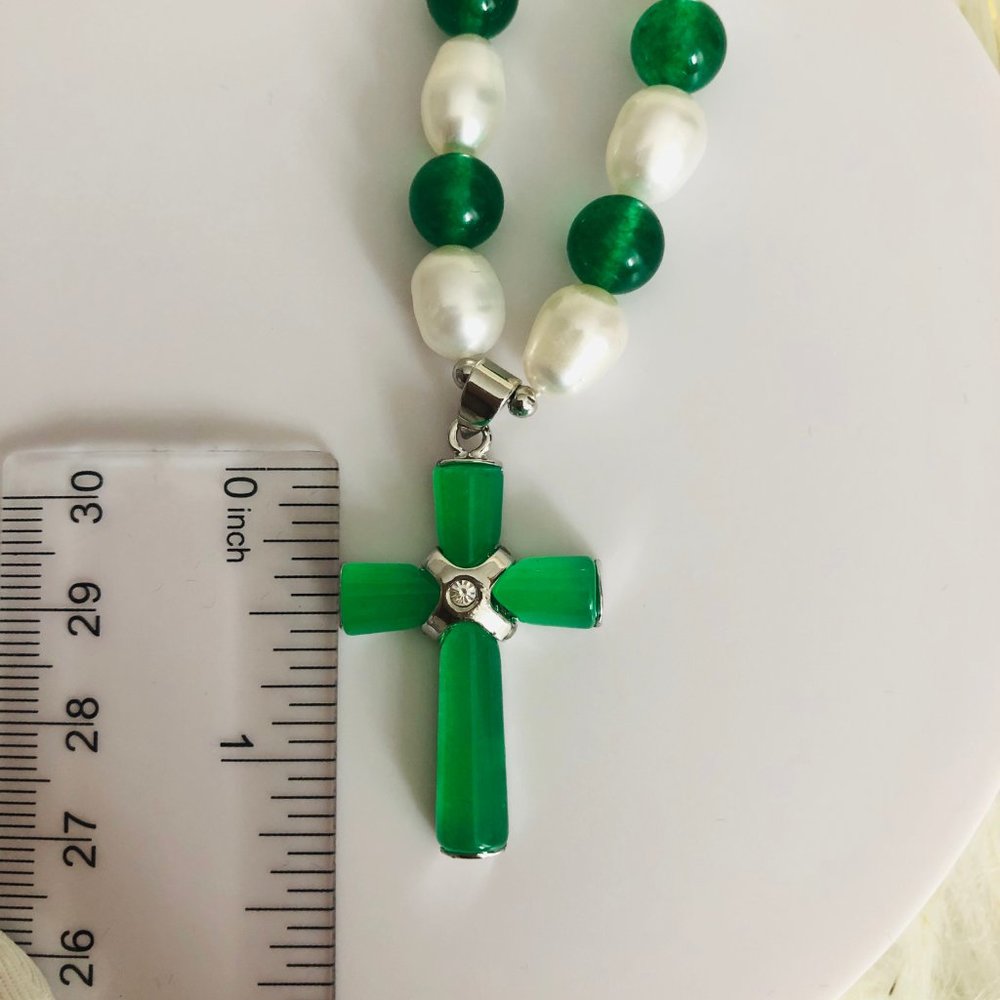Freshwater Pearl Jade Cross Necklace - Picture 7 of 12